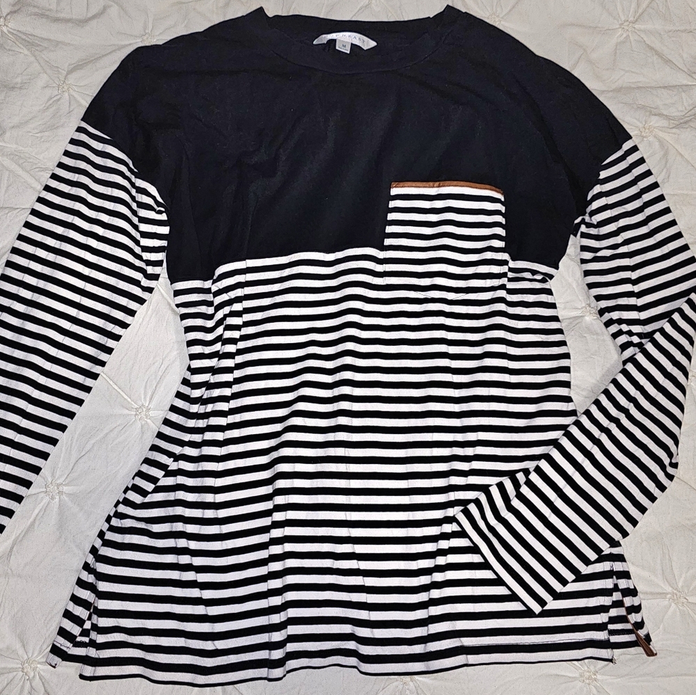 Faux Leather Trim Pocket Striped Long Sleeve